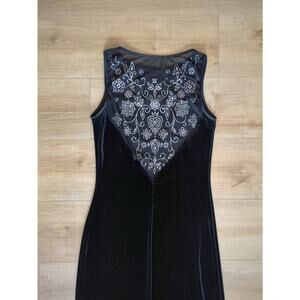 Vintage 90s Y2K Long Black Sheer Glitter Design Back Dress Leg Slit M Sleeveless